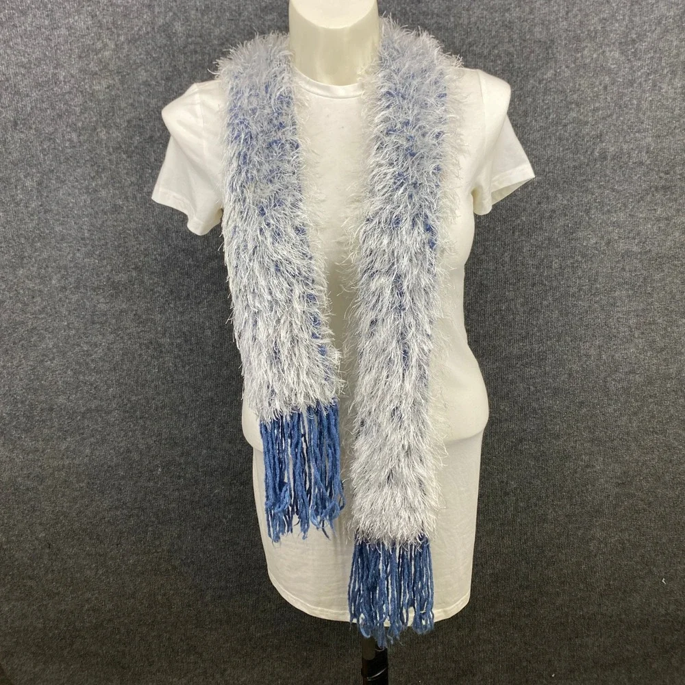 Handmade Blue White Fuzzy Eyelash Knit Skinny Scarf Shaggy Tassel Fringe